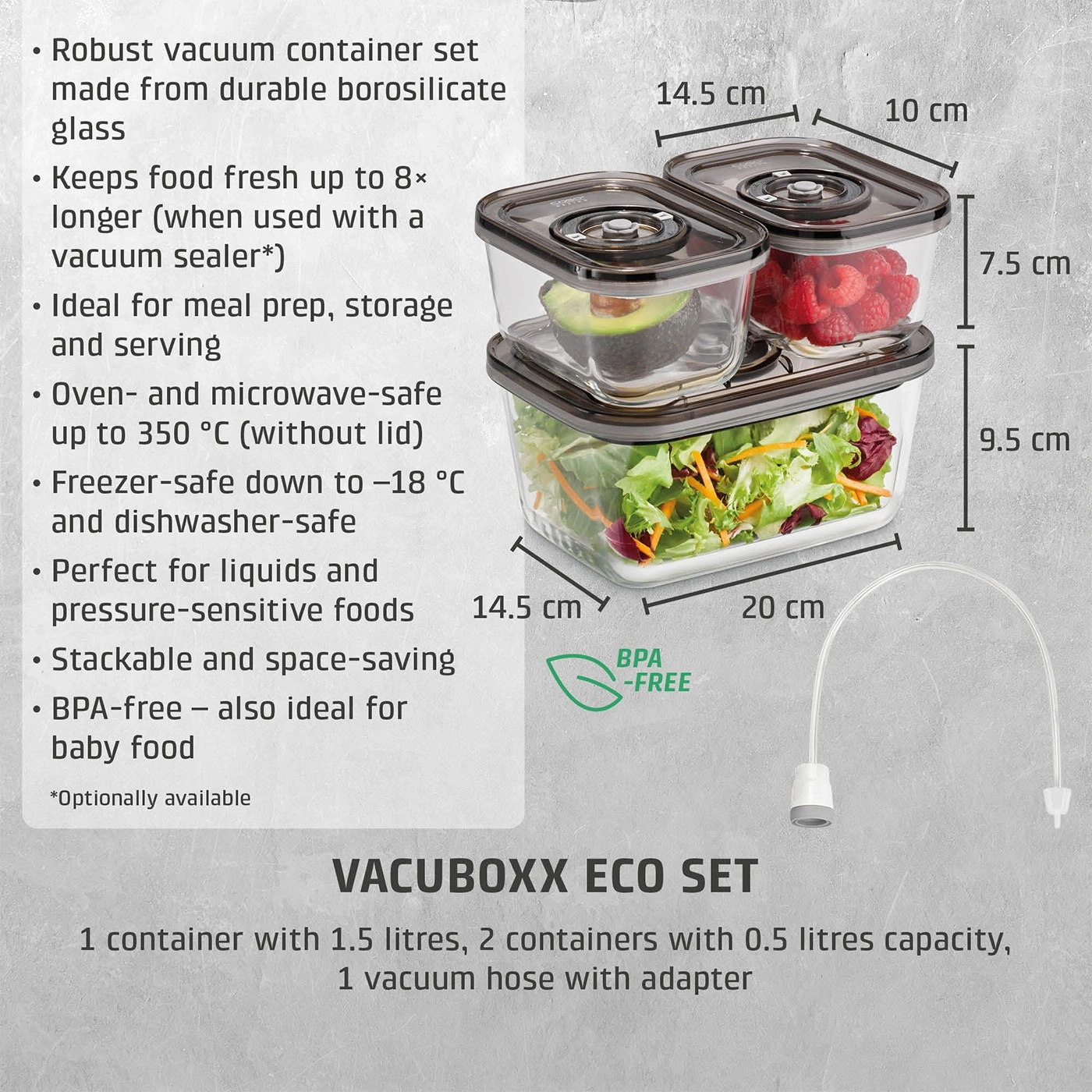 Vacuum container set made of borosilicate glass with dimensions and contents.