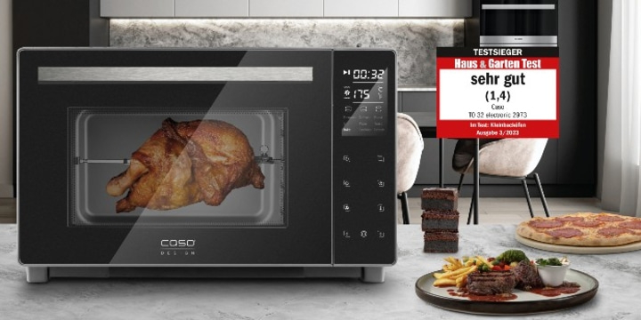 Oven with chicken, pizza, cake and steak. Haus & Garten Test very good.