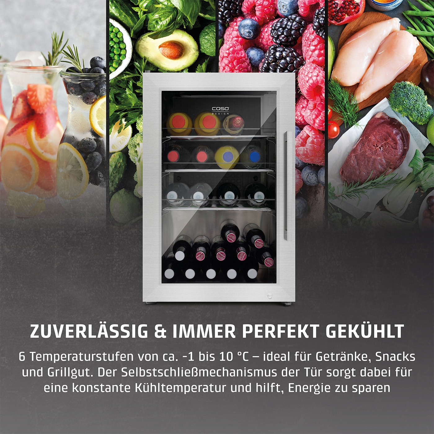 Weinkühlschrank mit Essen, Getränken und Text, der Zuverlässigkeit und Kühlung beschreibt.