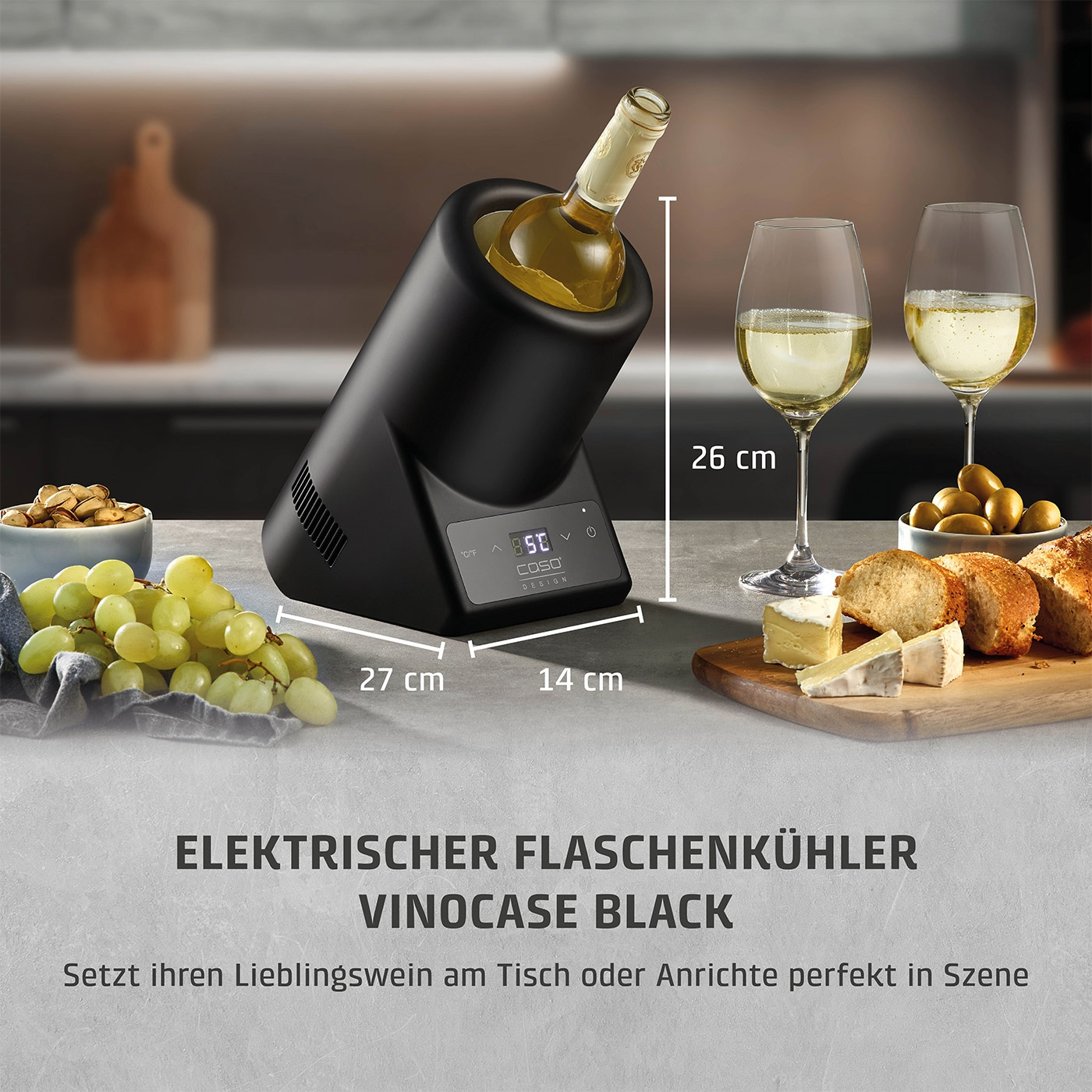 Elektrischer Flaschenkühler, Wein, Gläser, Käse, Brot, Trauben, 26 cm, 27 cm, 14 cm, schwarz