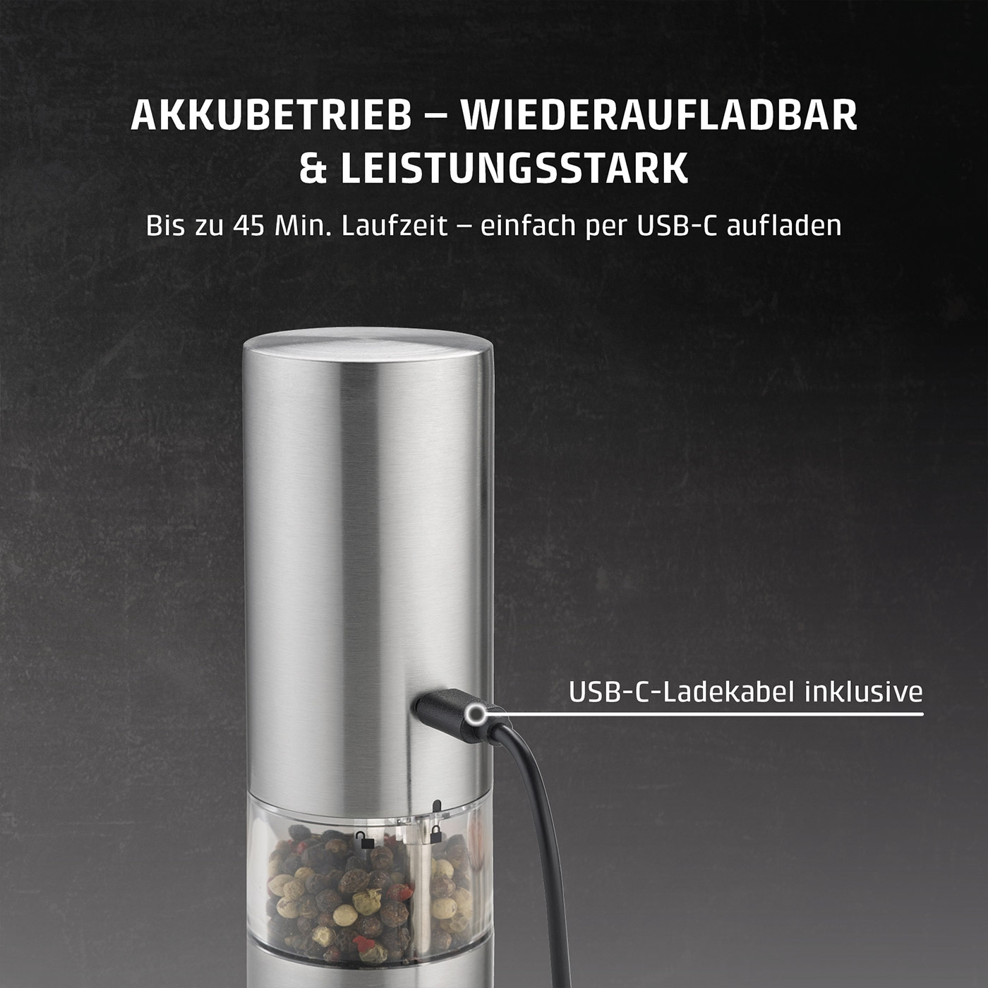 Elektrische Pfeffermühle mit USB-C-Ladekabel