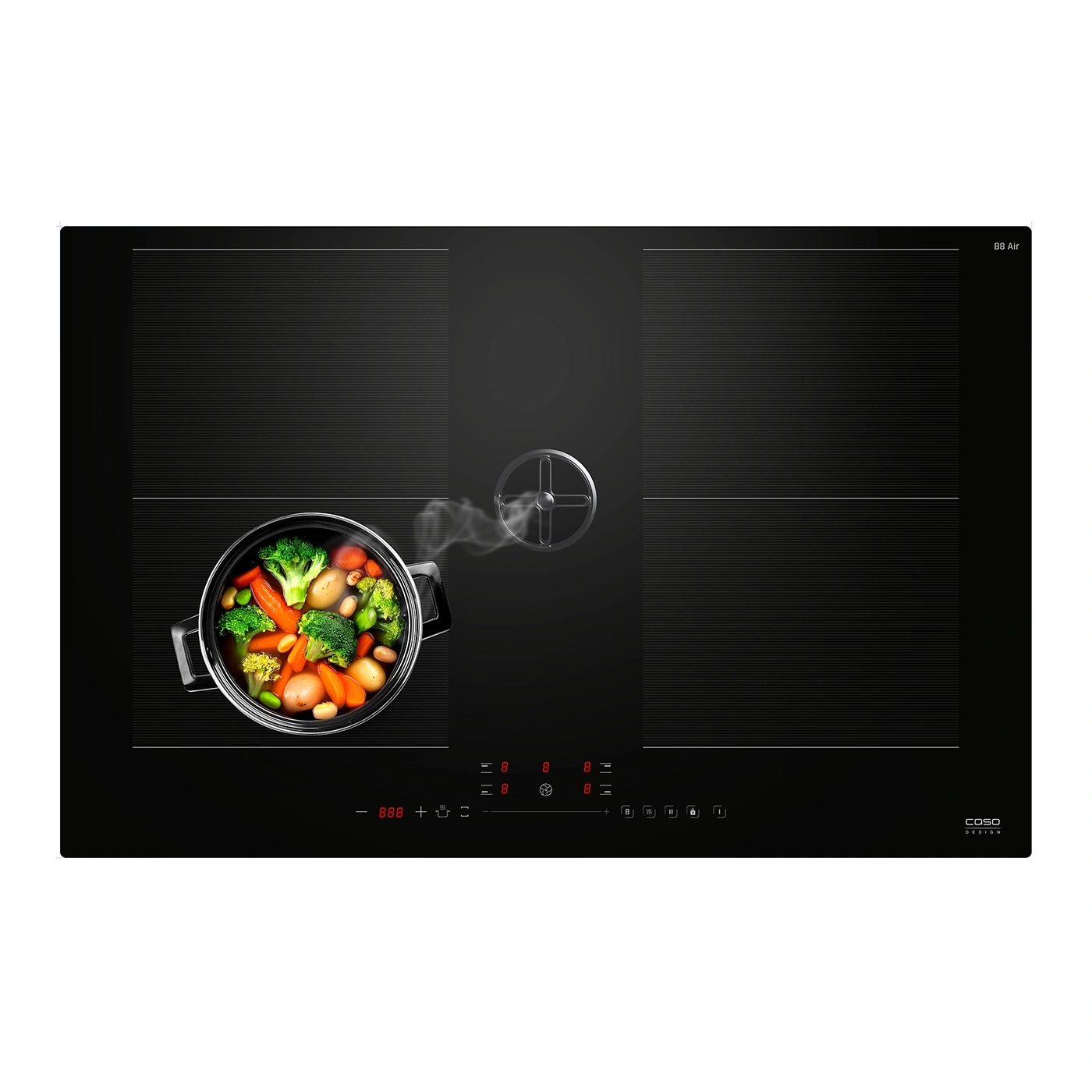 A modern induction cooktop with pots and vegetables on it.
