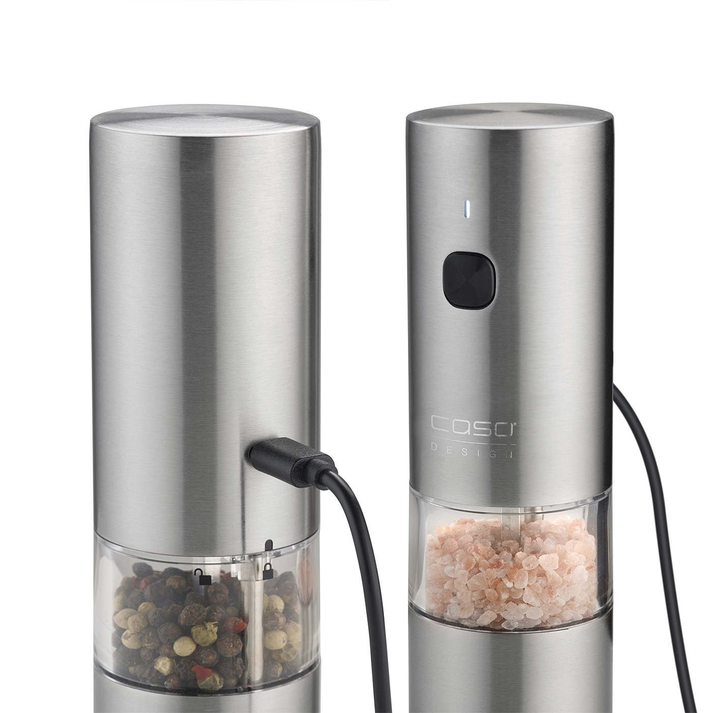 Electric pepper mill and salt mill with USB charging cable, stainless steel design