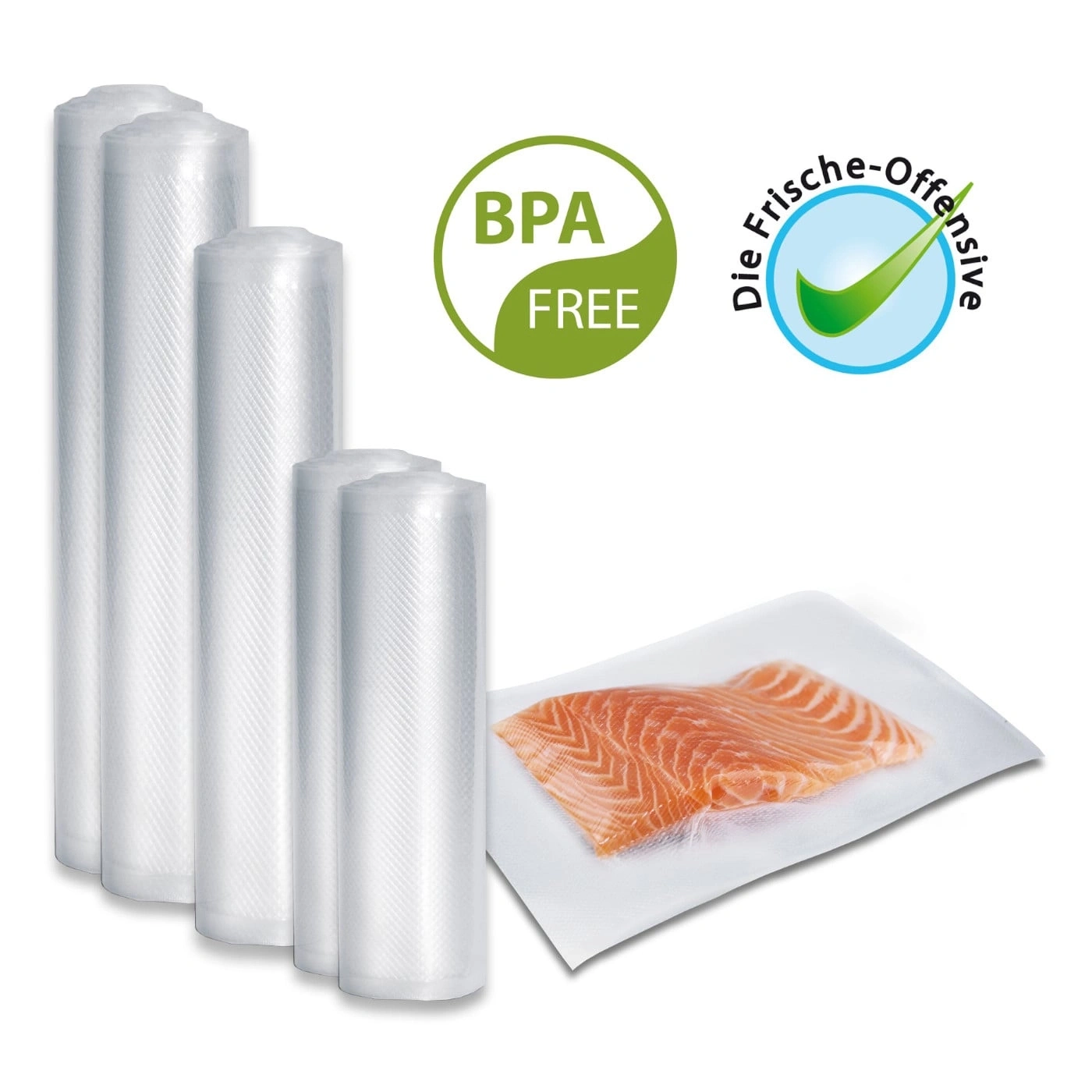 Vacuum bags with salmon, BPA free, freshness offensive, food packaging