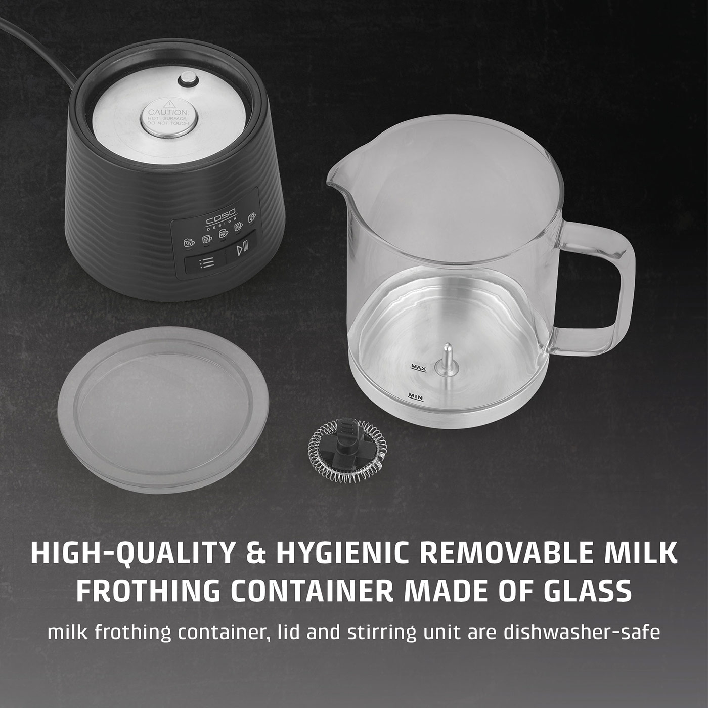 Milk frother with glass container, lid, and whisk. Hygienic and dishwasher safe.