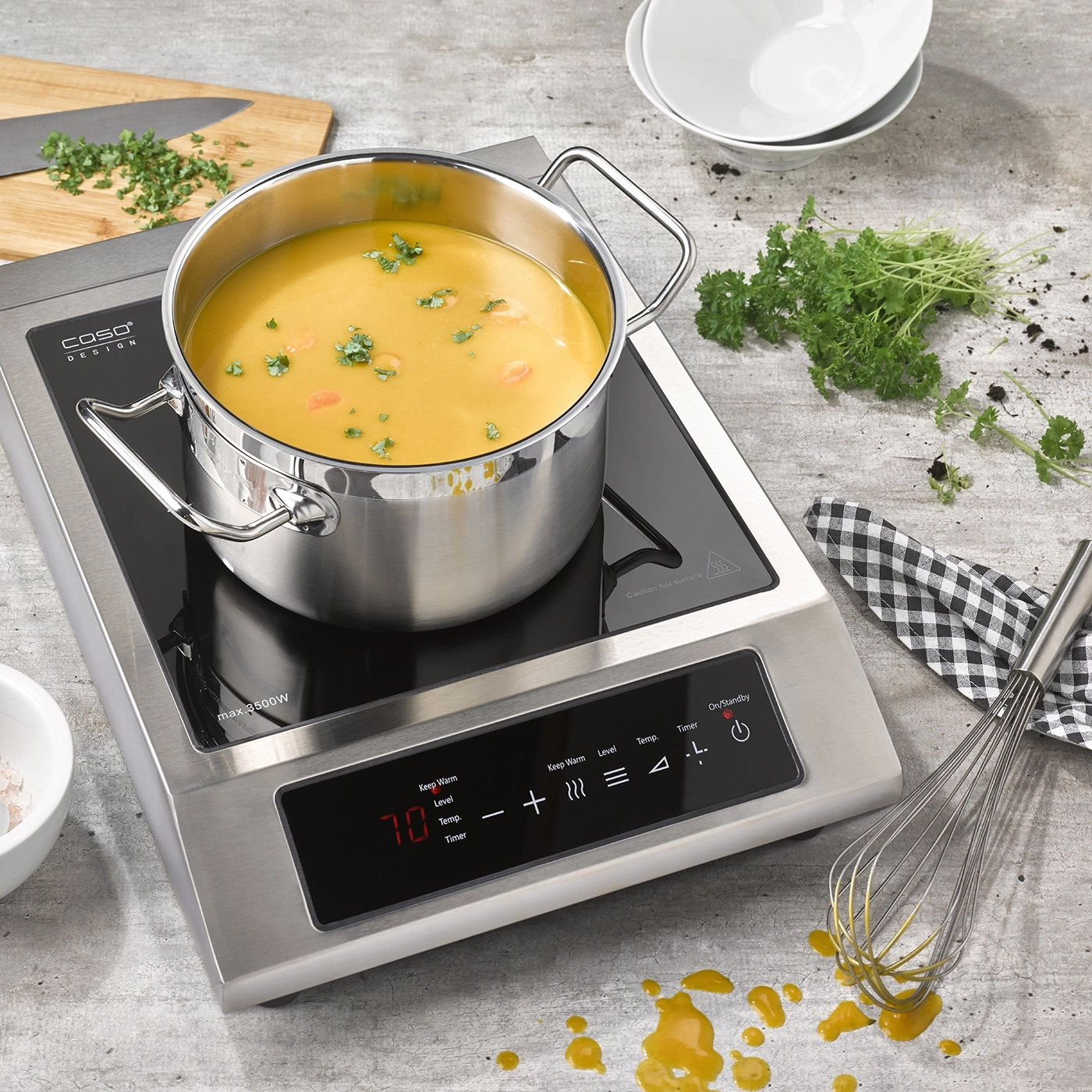 Soup cooking on induction cooktop, cooking utensils, preparing food, kitchen, cooking, meal
