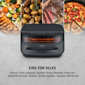 Ein Heißluftfritteusen-Multifunktionsgerät mit vielen Gerichten und Funktionen.