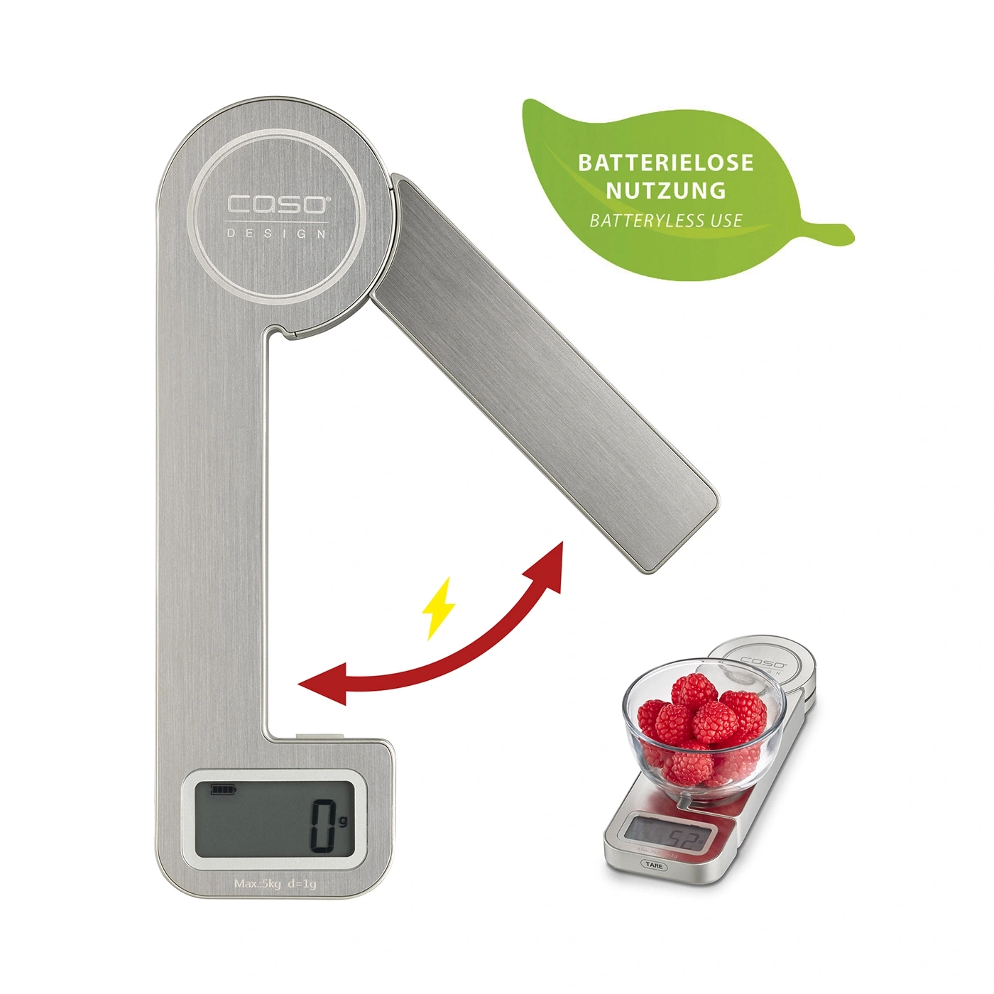 Küchenwaage mit Himbeeren, batteriebetriebene Nutzung, Caso Design, 5 kg