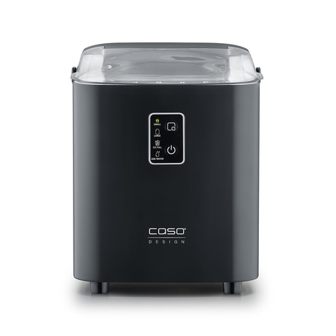Black ice maker with control panel and Caso logo on a white background.