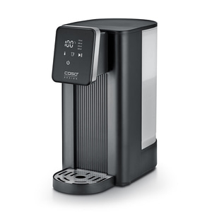 Schwarzer Wasserkocher mit digitaler Anzeige und Dosierfunktion für Heißgetränke.