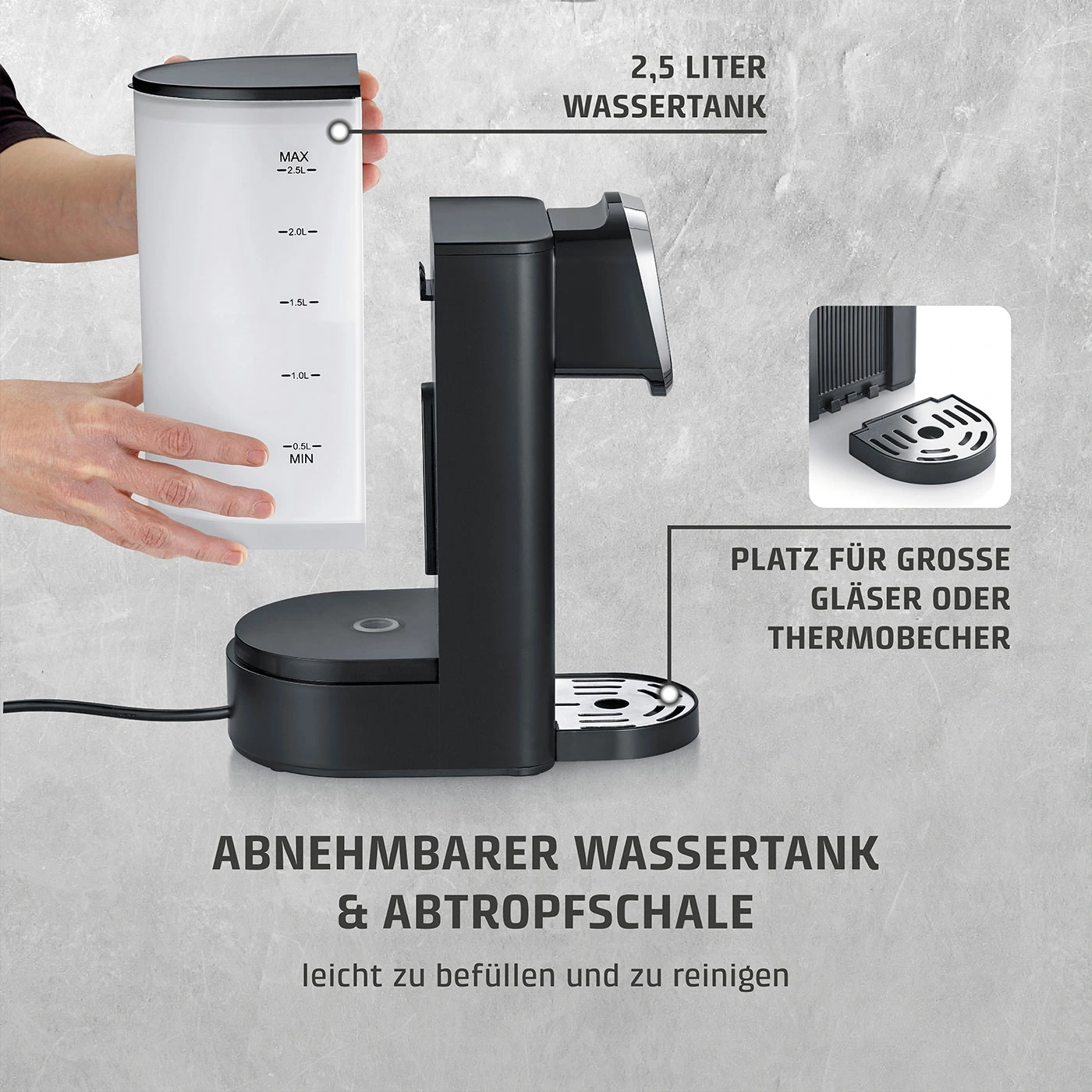 Kaffeemaschine mit abnehmbarem Wassertank und Abtropfschale, Platz für große Gläser.