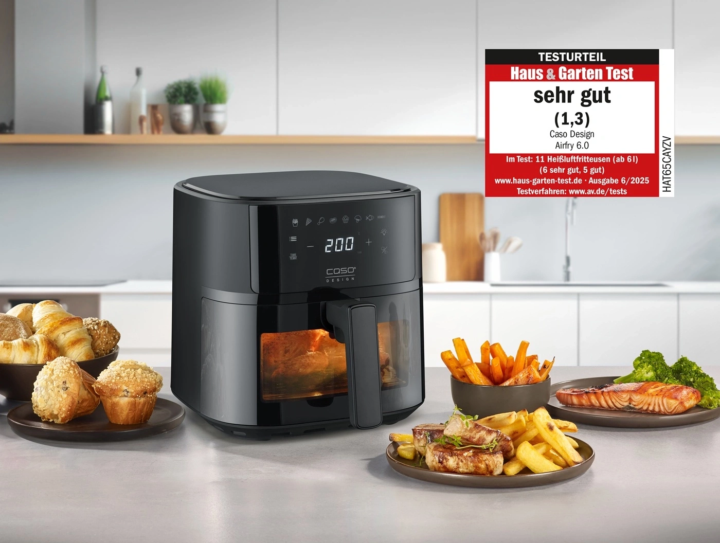 Ein Caso Design Airfryer 6.0 mit Essen und Testurteil