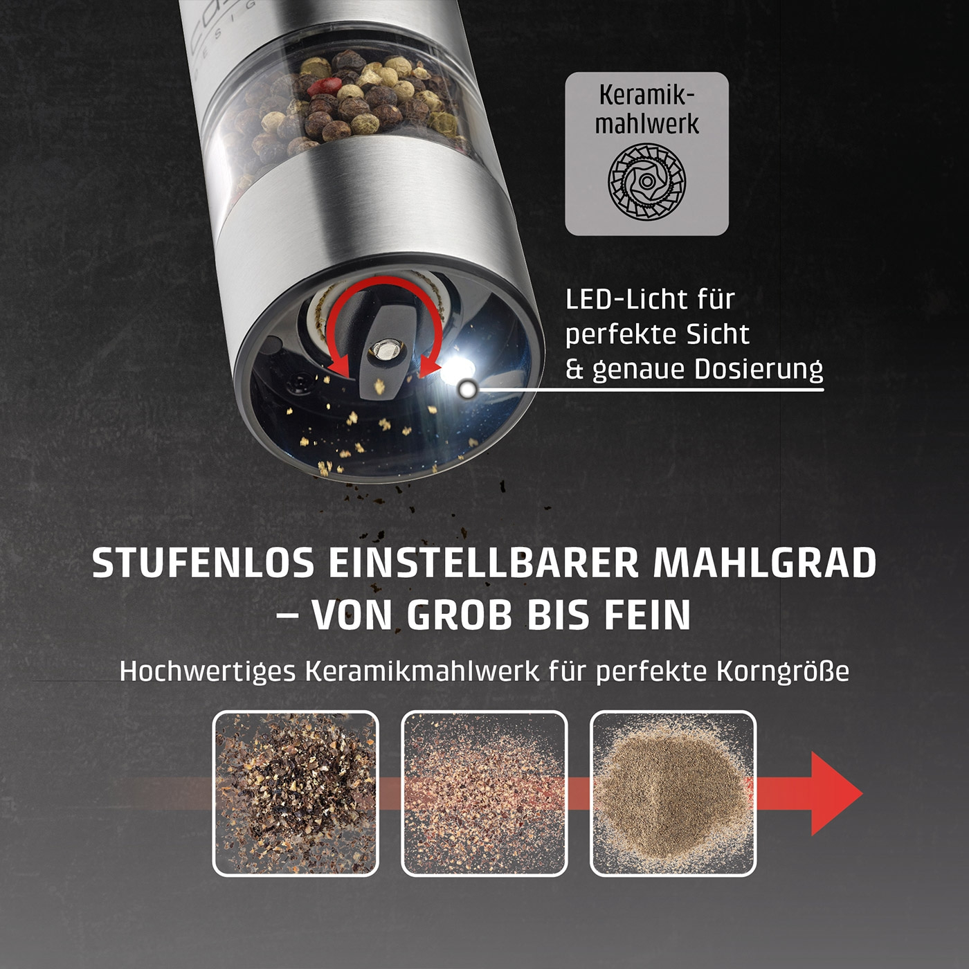 Pfeffermühle mit Keramik-Mahlwerk und LED-Licht, stufenlos einstellbar von grob bis fein.