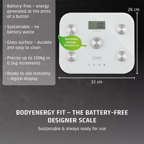 A white scale with text 'Batterielose Nutzung / Batteryless use' and dimensions 26 cm and 32 cm.