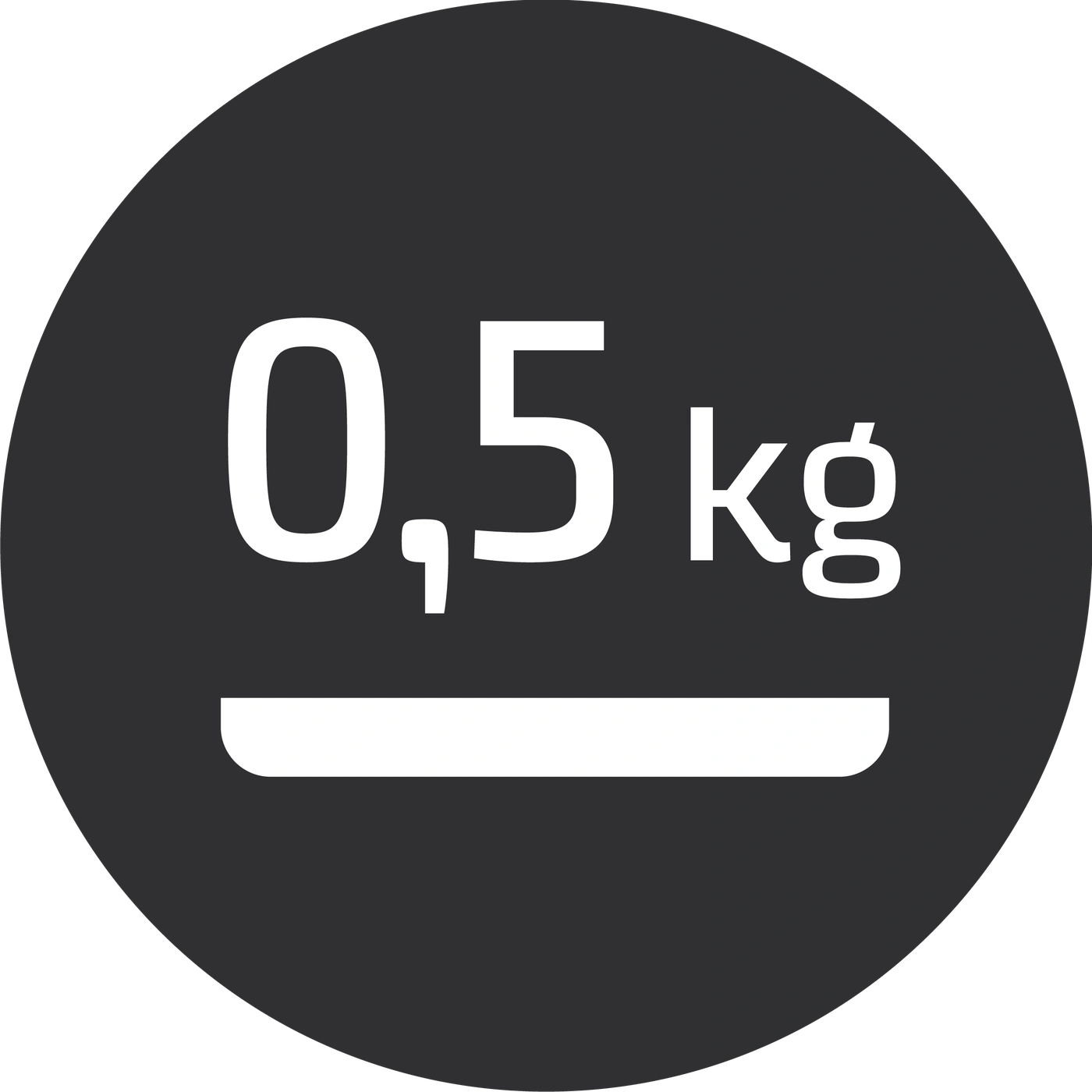 Weight indicator with 0.5 kg on a dark background in a circle with a line below