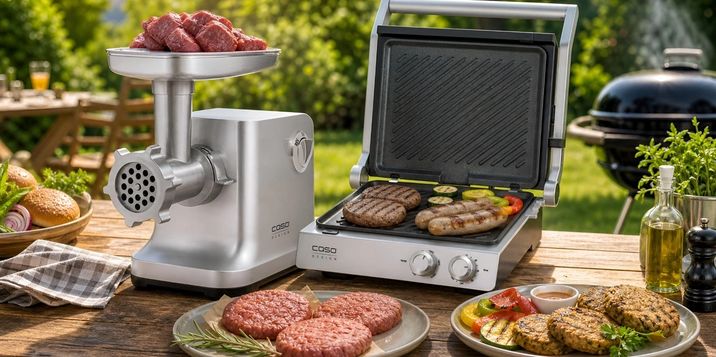 Meat grinder and grill with burgers and sausages outdoors
