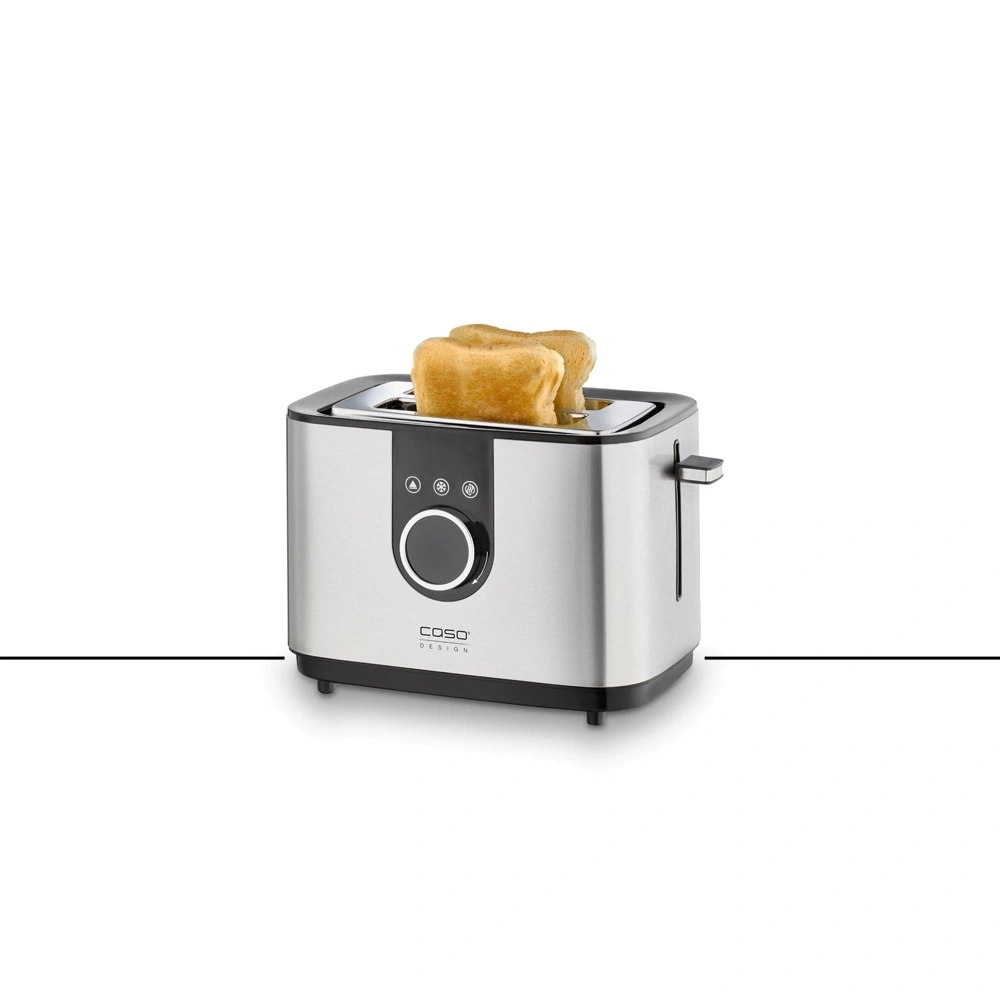 A silver toaster with two slices of toast, black control panel, and a logo on the front.