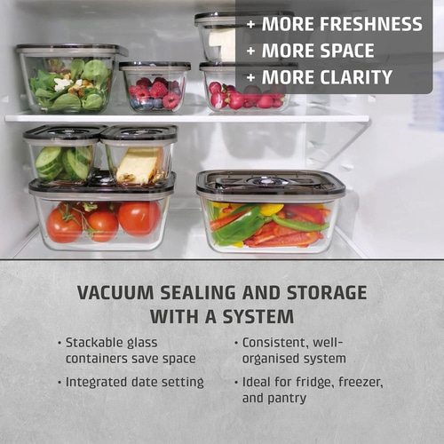 VacuBoxx Eco-Set Stackable glass vacuum container set with SAN lid