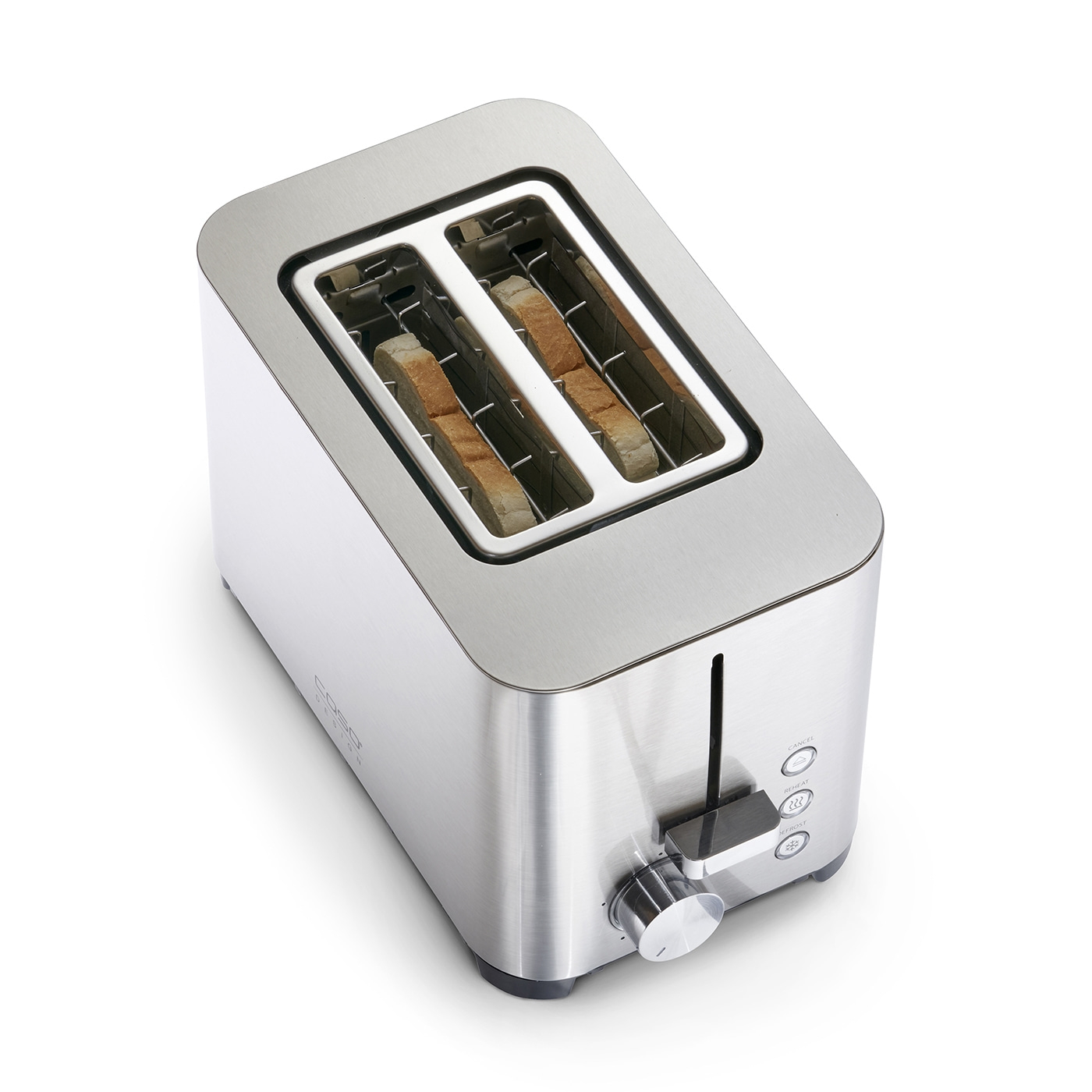 Silver toaster with two slices of toast, buttons, and a dial for settings.