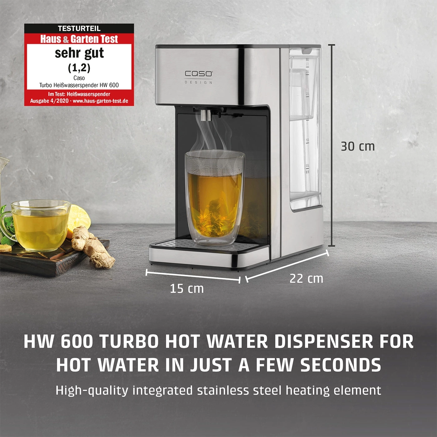 A Caso Turbo Hot Water Dispenser HW 600 with a glass of tea and lemon.