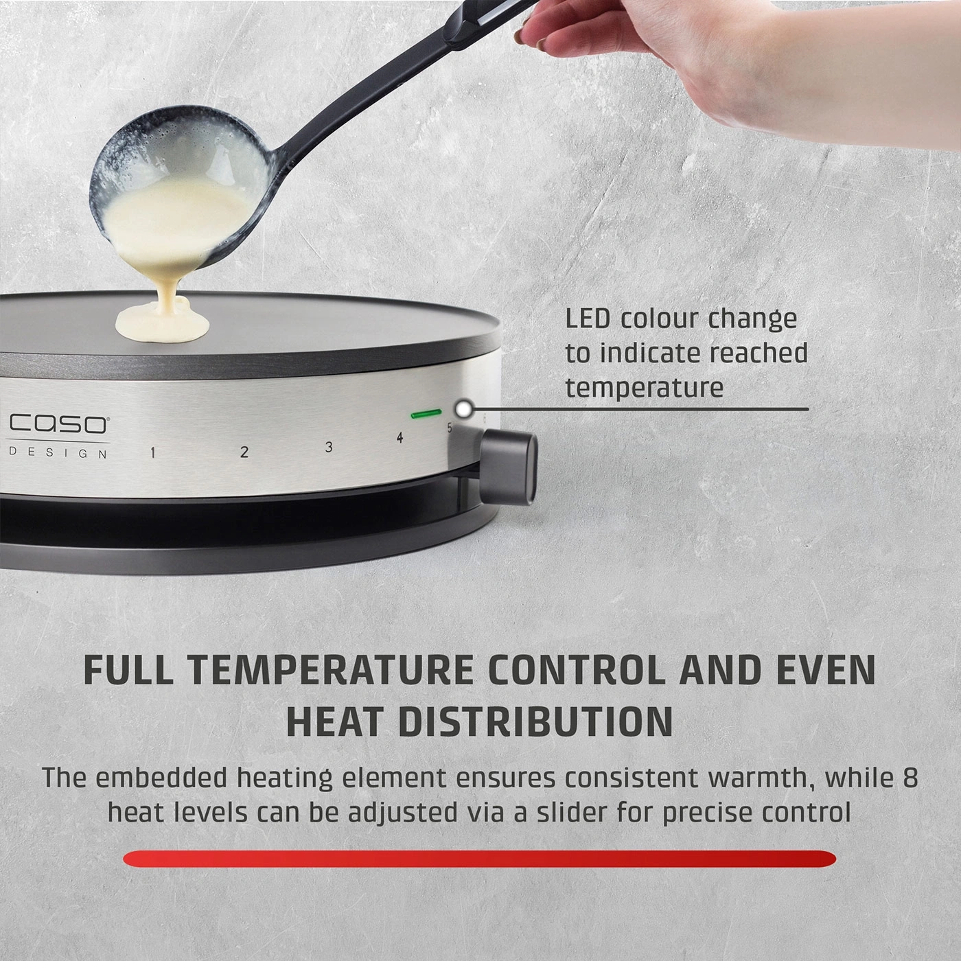 A hand pours batter onto a hot plate with temperature control.