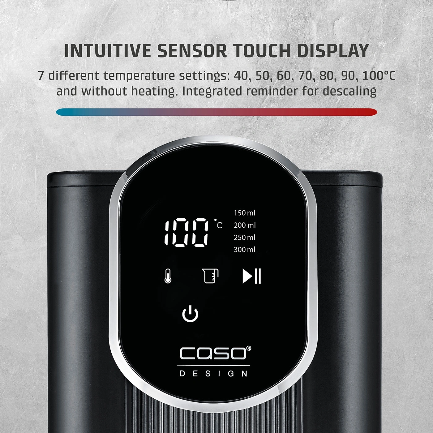 Sensor touch display with temperature display and various settings.