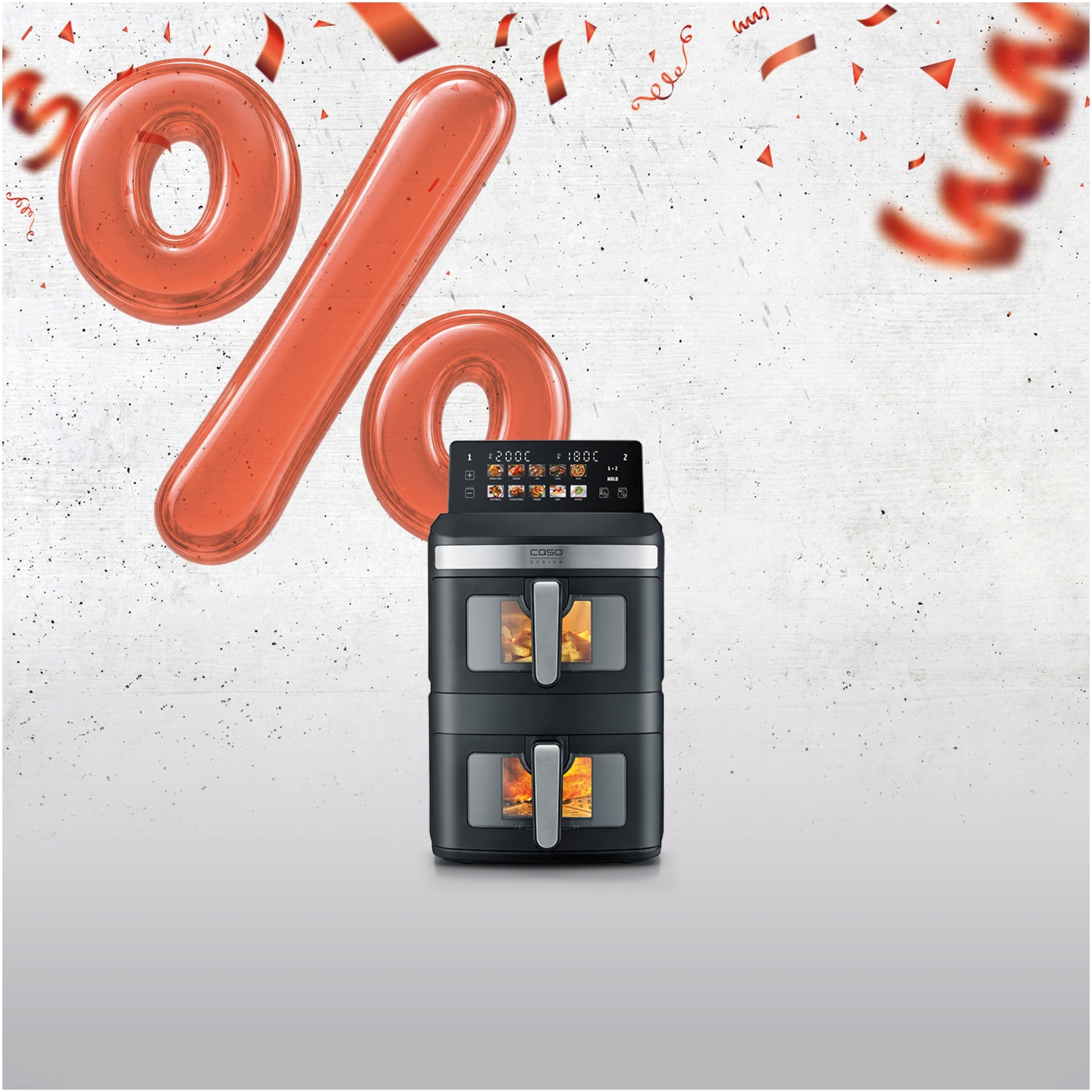 Double air fryer with percentage sign and confetti