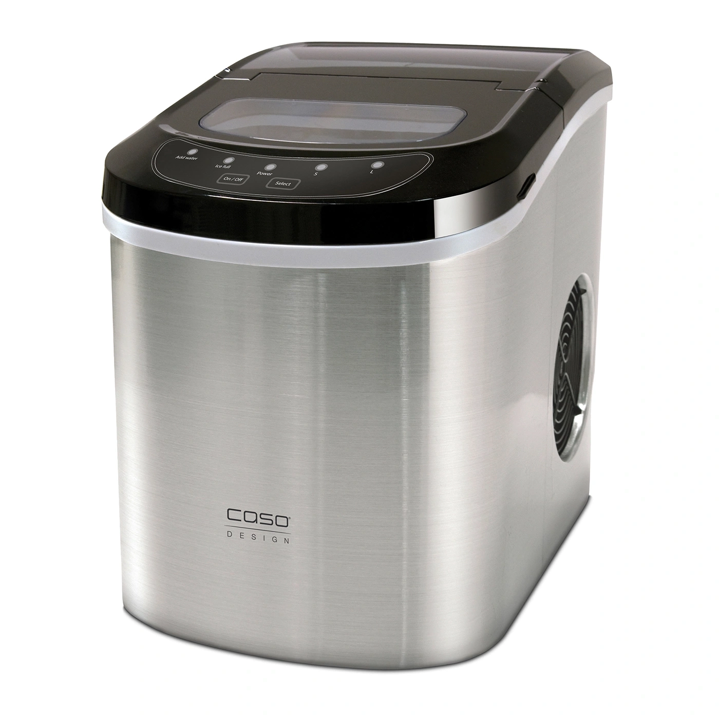 Stainless steel ice maker with black lid and control panel, Caso Design