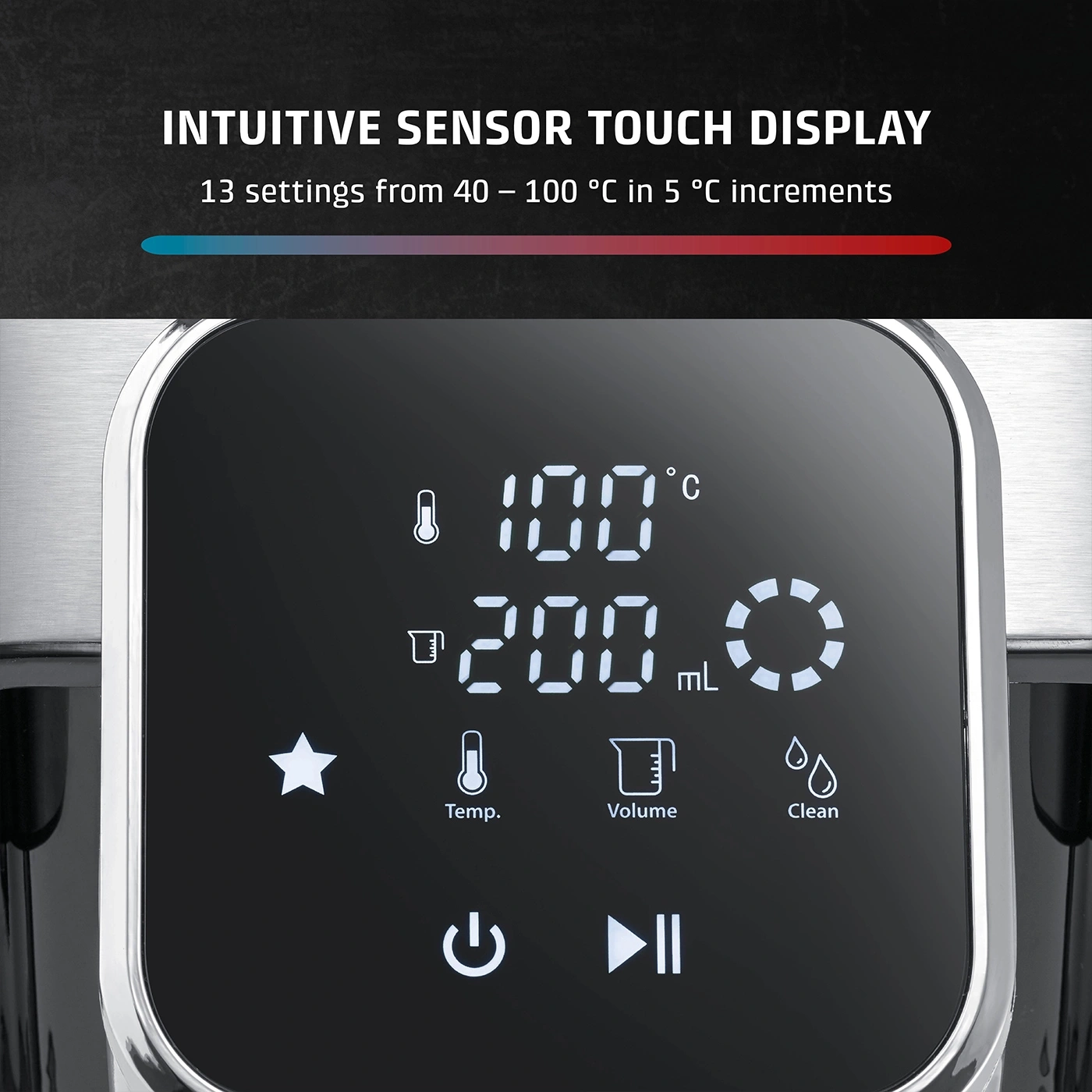 Touch display with temperature selection and functions like temperature, volume, and cleaning.