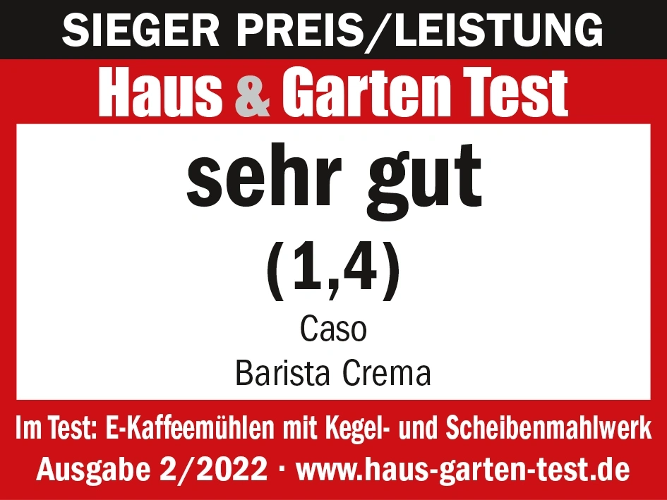 Award for Caso Barista Crema: Very good (1.4) in the Haus & Garten Test.