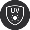 UV-Schutz-Symbol, Schild mit UV-Schriftzug und Sonne, dunkler Hintergrund