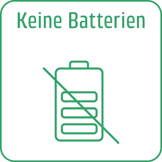 Keine Batterien, Symbol mit durchgestrichener Batterie, grün auf weißem Hintergrund.