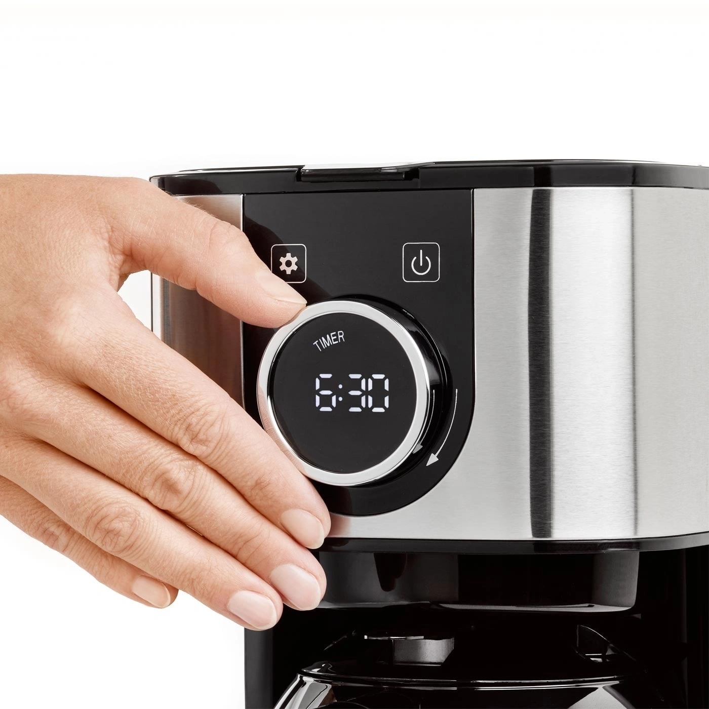 Kaffeemaschine mit Timer-Einstellung, Hand, Uhrzeit 6:30, Edelstahl