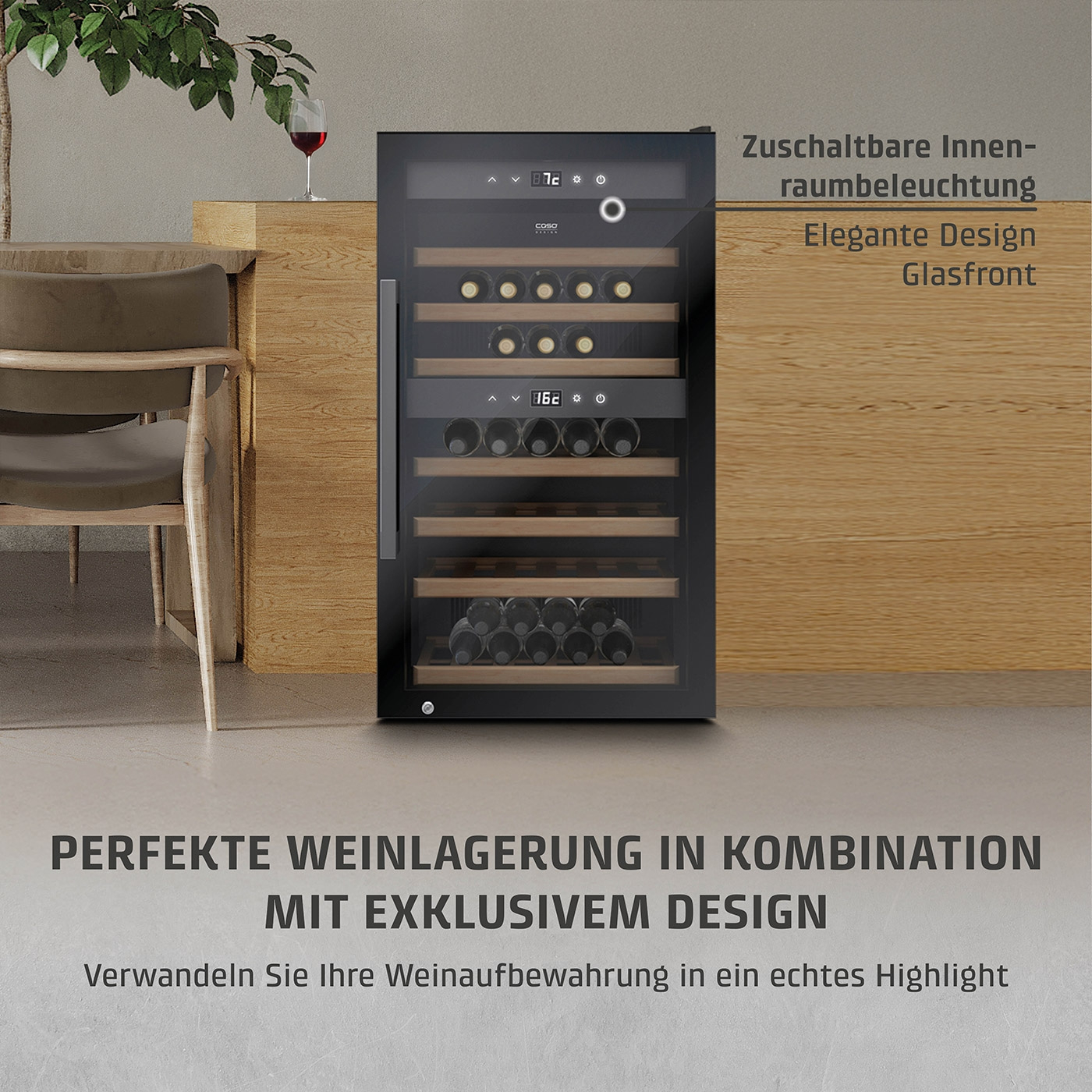 Weinkühlschrank mit Glasfront und elegantem Design für perfekte Weinlagerung.