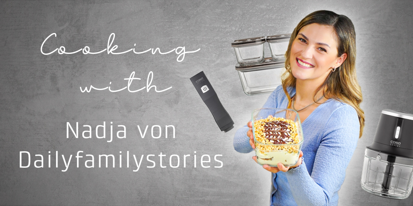 Frau mit Essen und Küchengeräten, Koch-Thema, Nadja von Dailyfamilystories