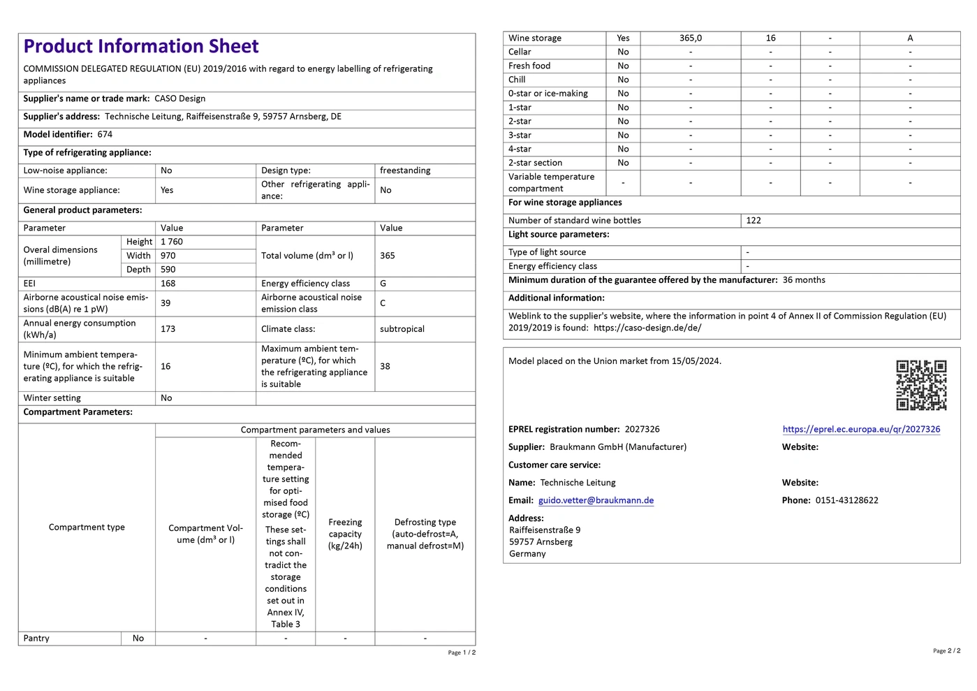 Product data sheet for a refrigerator: energy efficiency, dimensions, wine storage, climate class, warranty.
