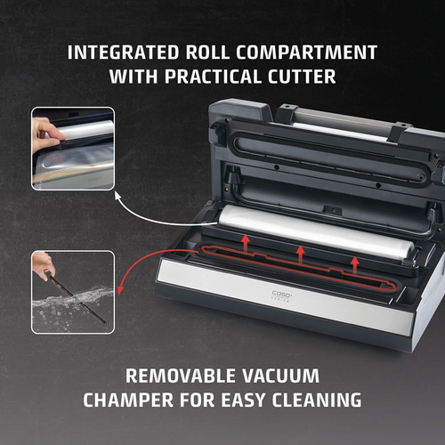 Vacuum sealer with roll compartment and cutter for easy cleaning