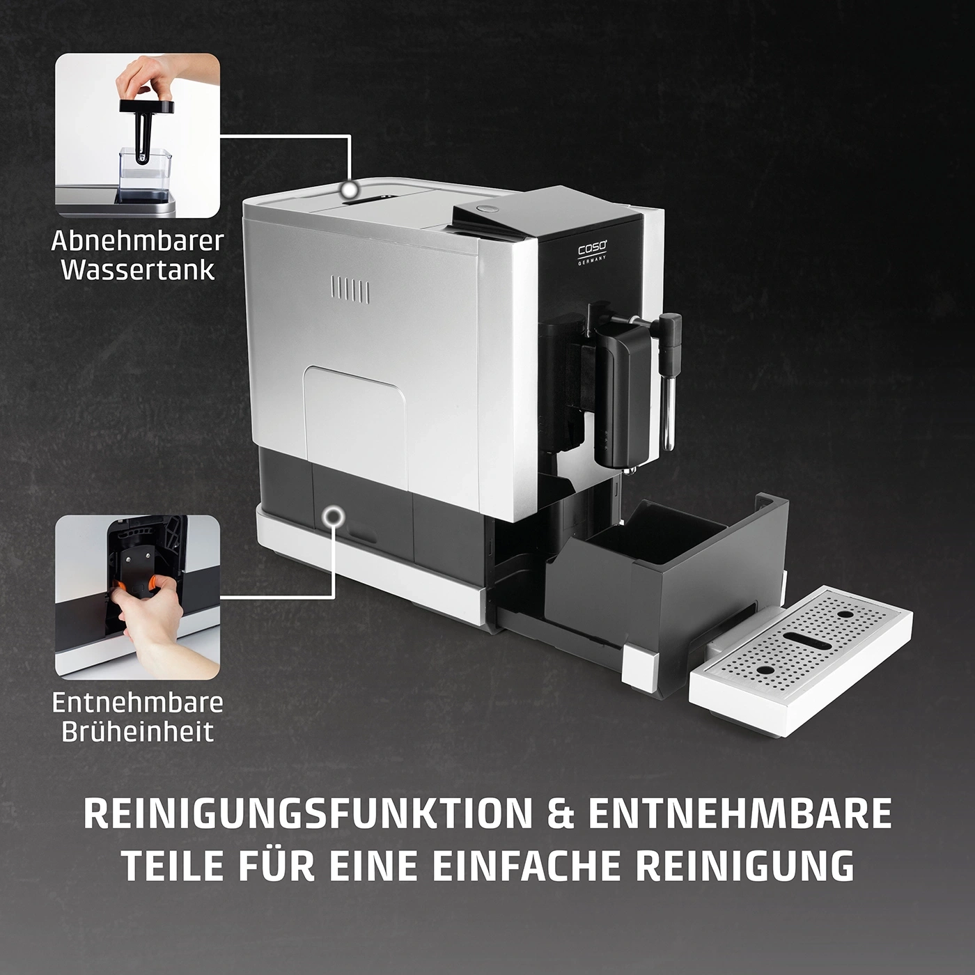 Kaffeemaschine mit abnehmbarem Wassertank und Brühgruppe für einfache Reinigung.