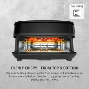 An air fryer with dual heating elements for evenly crispy results from top and bottom.