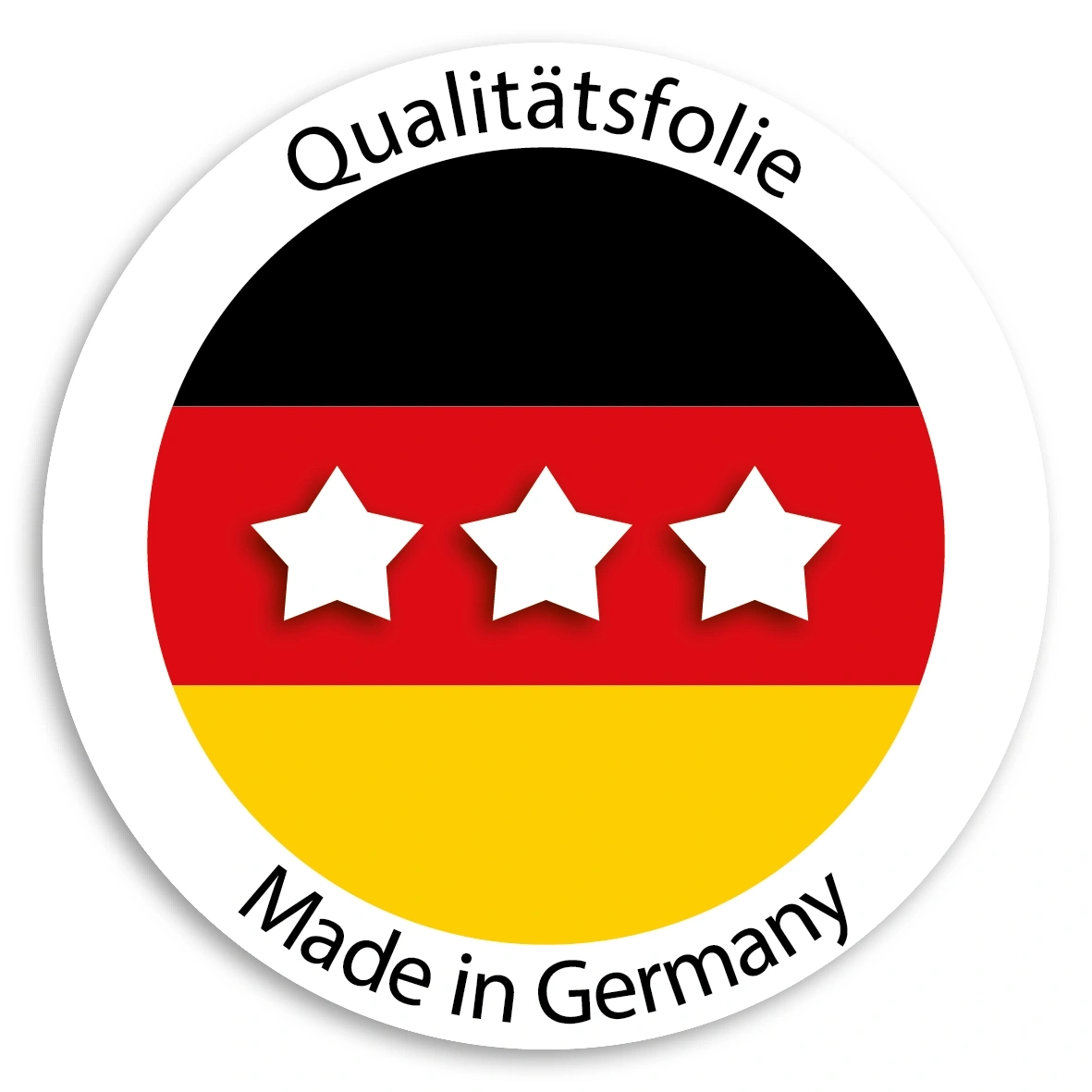 Round logo with German flag, stars, "Qualitätsfolie" and "Made in Germany" text.