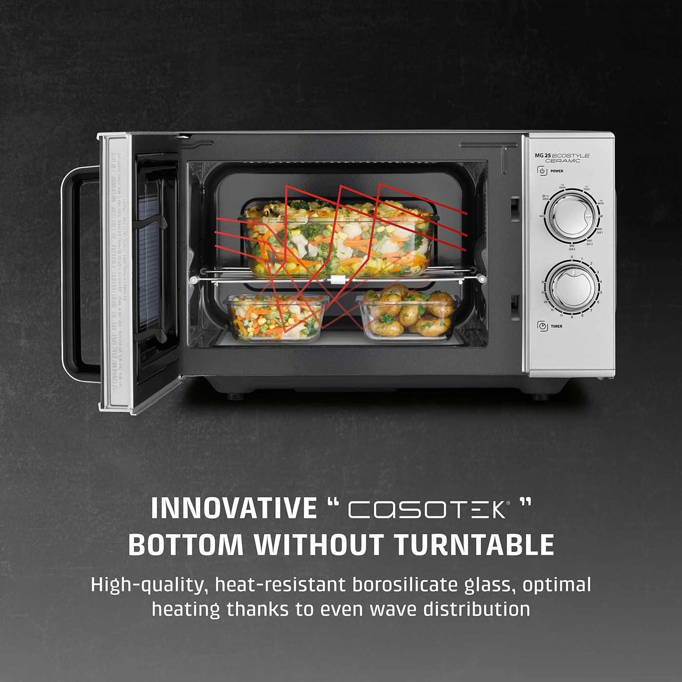 Microwave with borosilicate glass and microwave reflector for even heating.