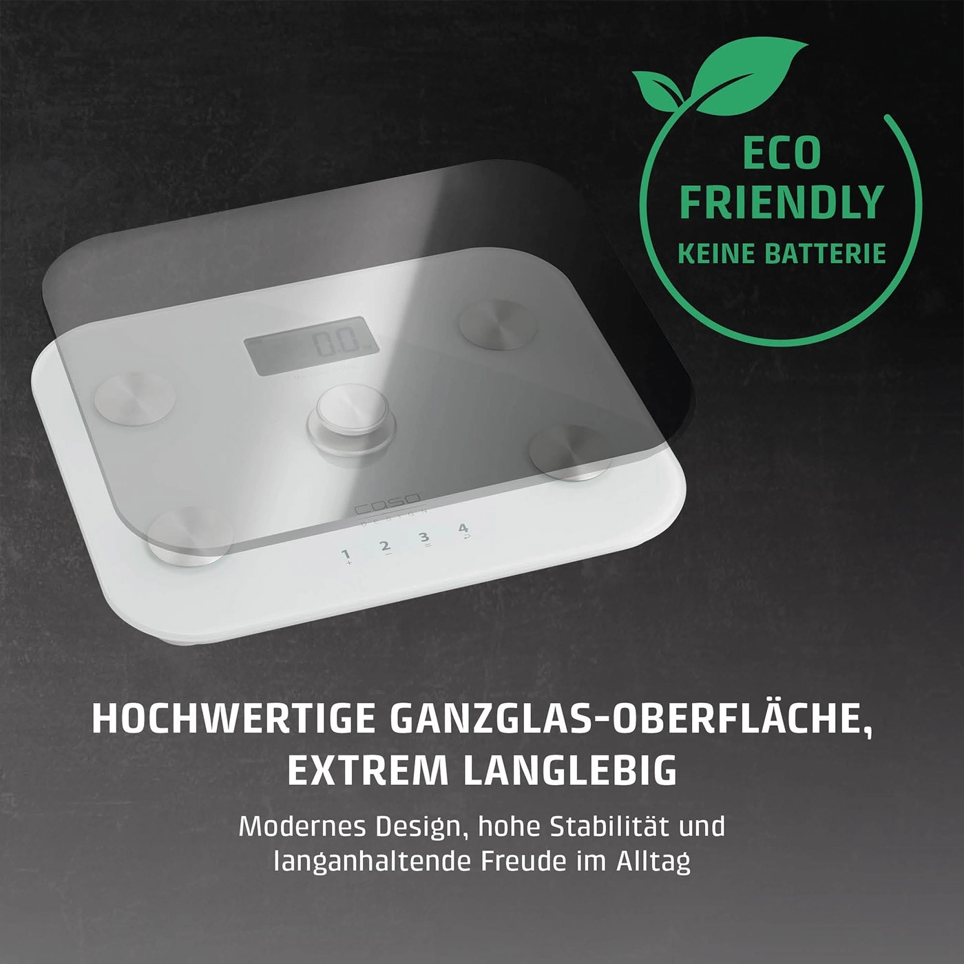 Hochwertige Ganzglas-Oberfläche, extrem langlebig, Eco friendly, keine Batterie, digitales Display.