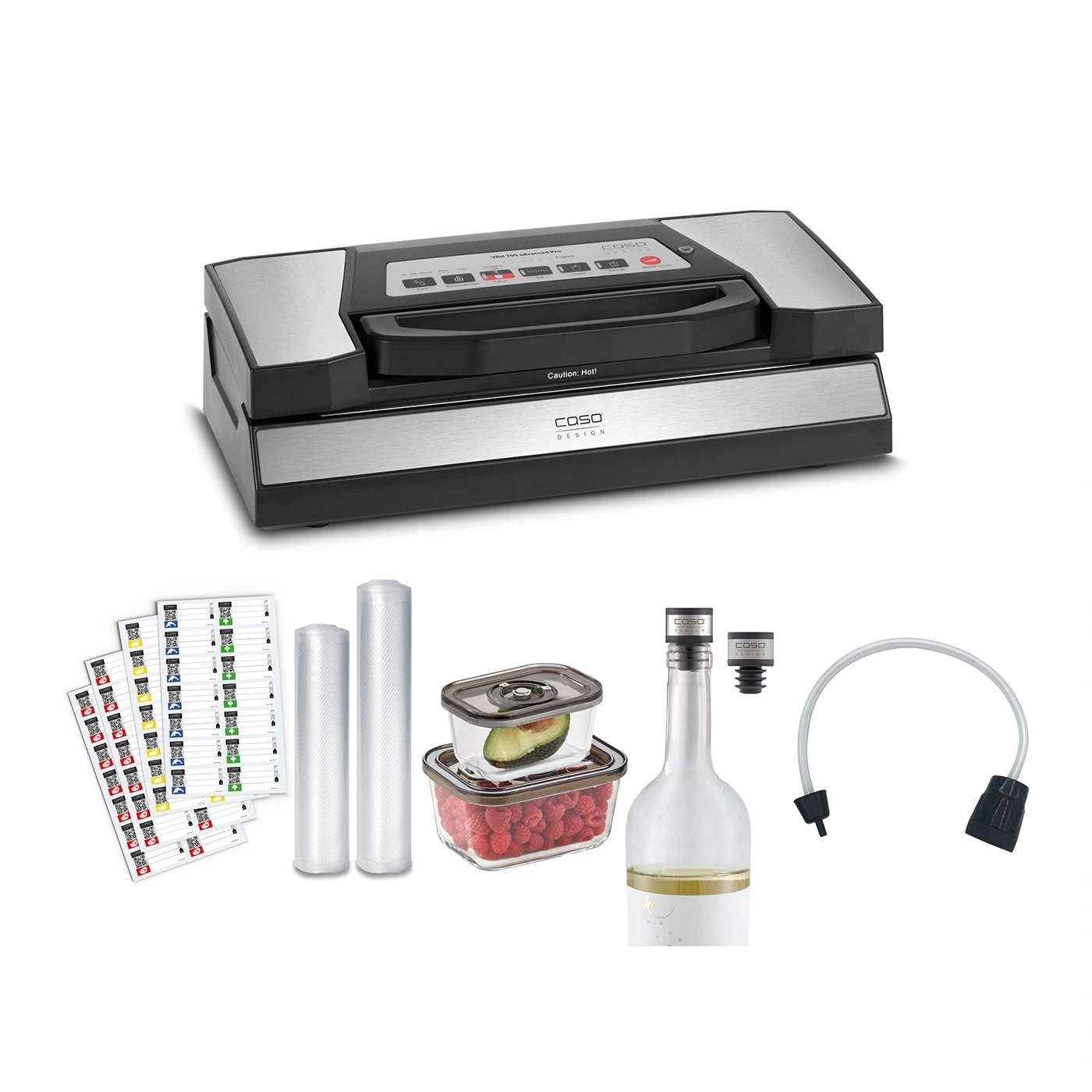 Vacuum sealer with accessories: film rolls, containers, bottle stopper, and labels.