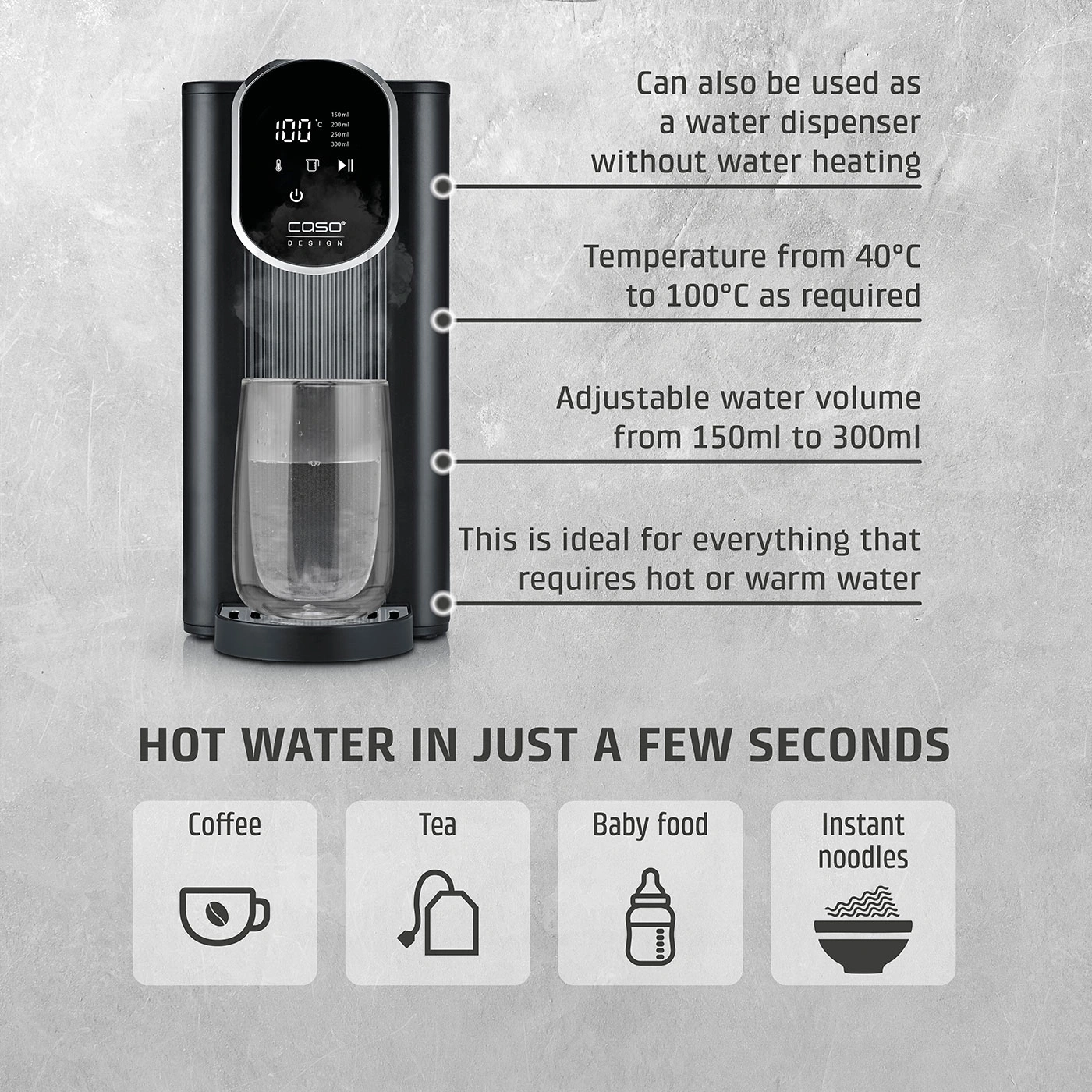 Hot water dispenser with coffee, tea, baby food, and instant noodles options.