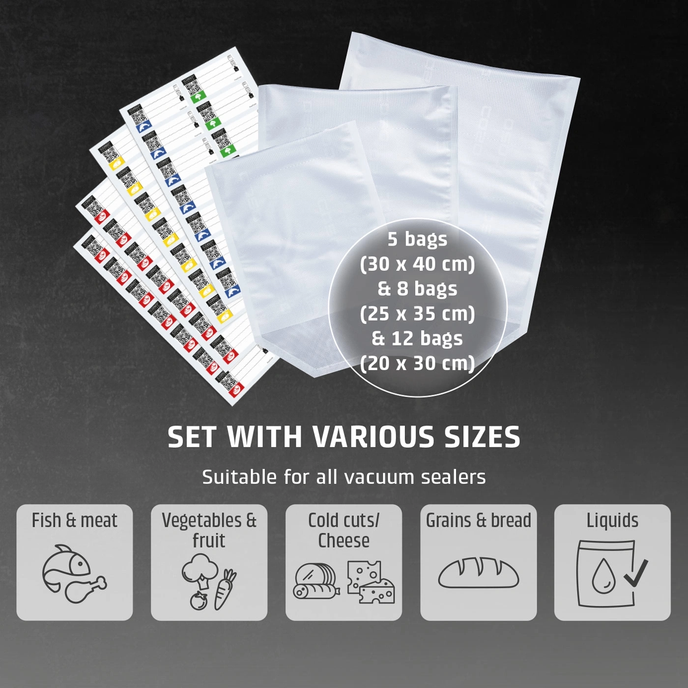 Vacuum bag set with different sizes for food, fish, vegetables, bread, liquids.