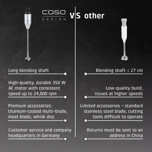 Comparison of Caso hand blender with others: Long mixing wand, high-quality accessories, customer service in DE.