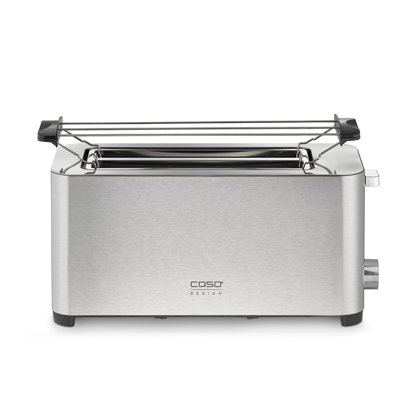 Silberner Toaster mit schwarzem Griff und Logo, Design von Caso.