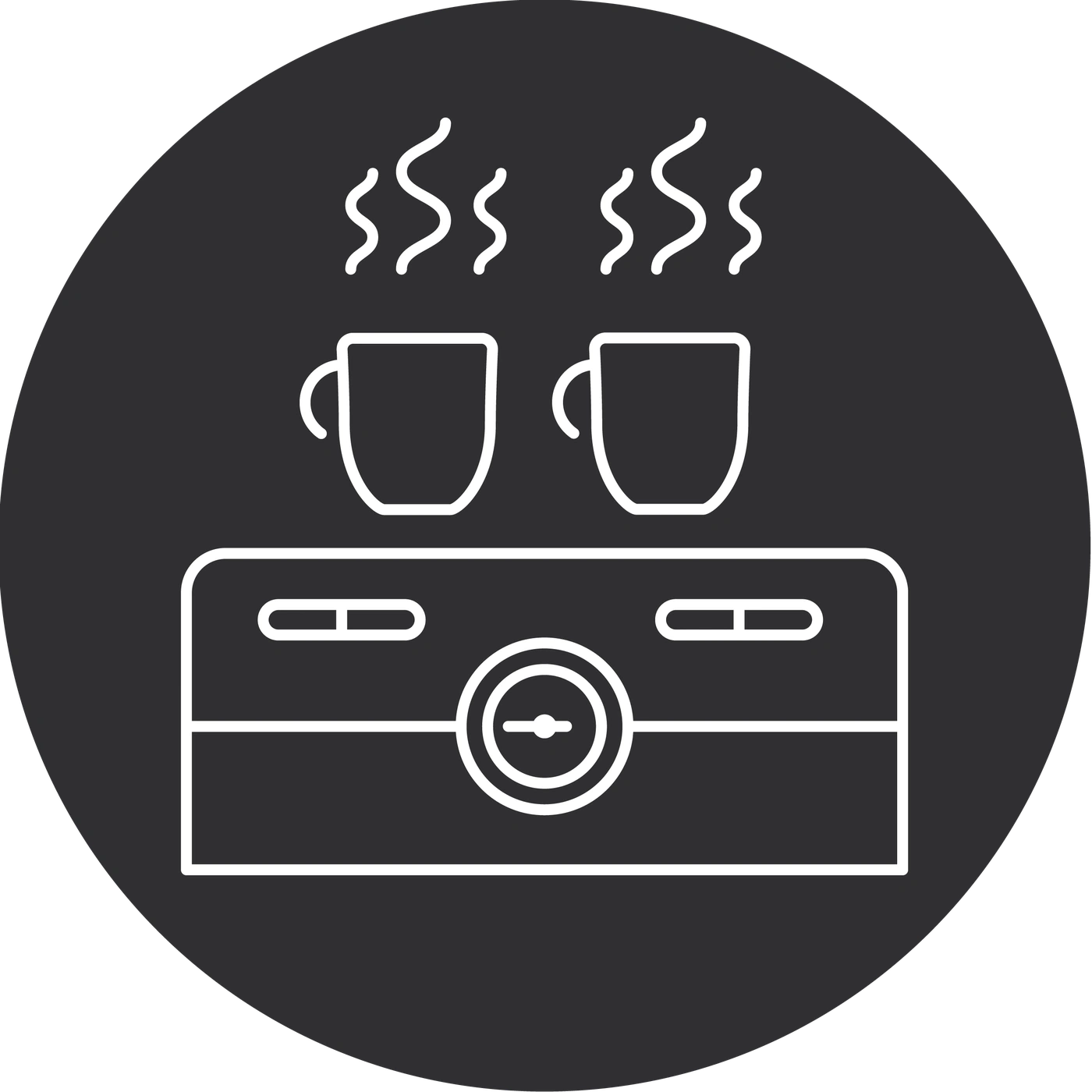 Kaffeemaschine mit zwei Tassen und Dampf, die aus ihnen aufsteigt, in einem Kreis