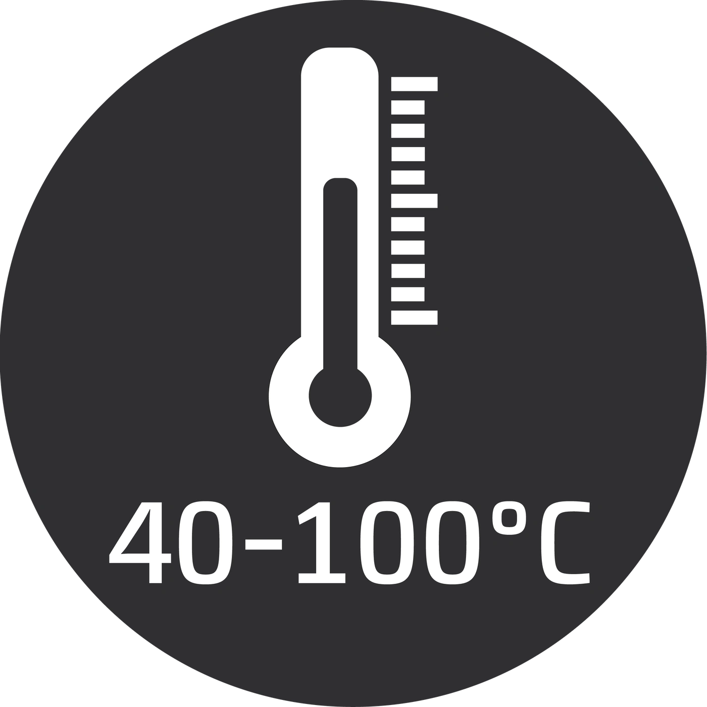 Temperature range from 40 to 100 degrees Celsius, thermometer symbol, black background