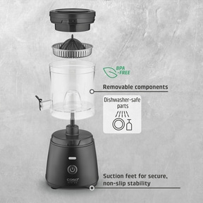 Citrus juicer with BPA-free, removable parts, dishwasher safe, and non-slip feet.